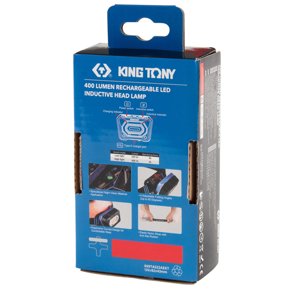 KING TONY (9TA522) Фонарь светодиодный, налобный, 1 Led COB, 3,7 В