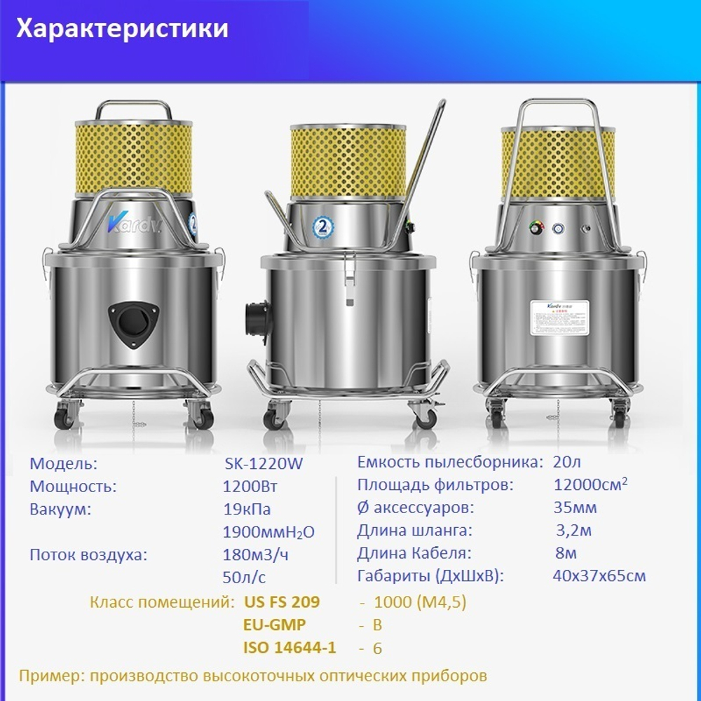 Пылесос для чистых помещений Kardv SK-1020Q Class1000, 20л, 1200Вт