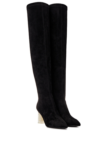 Женские чёрные ботфорты с жемчужным каблуком