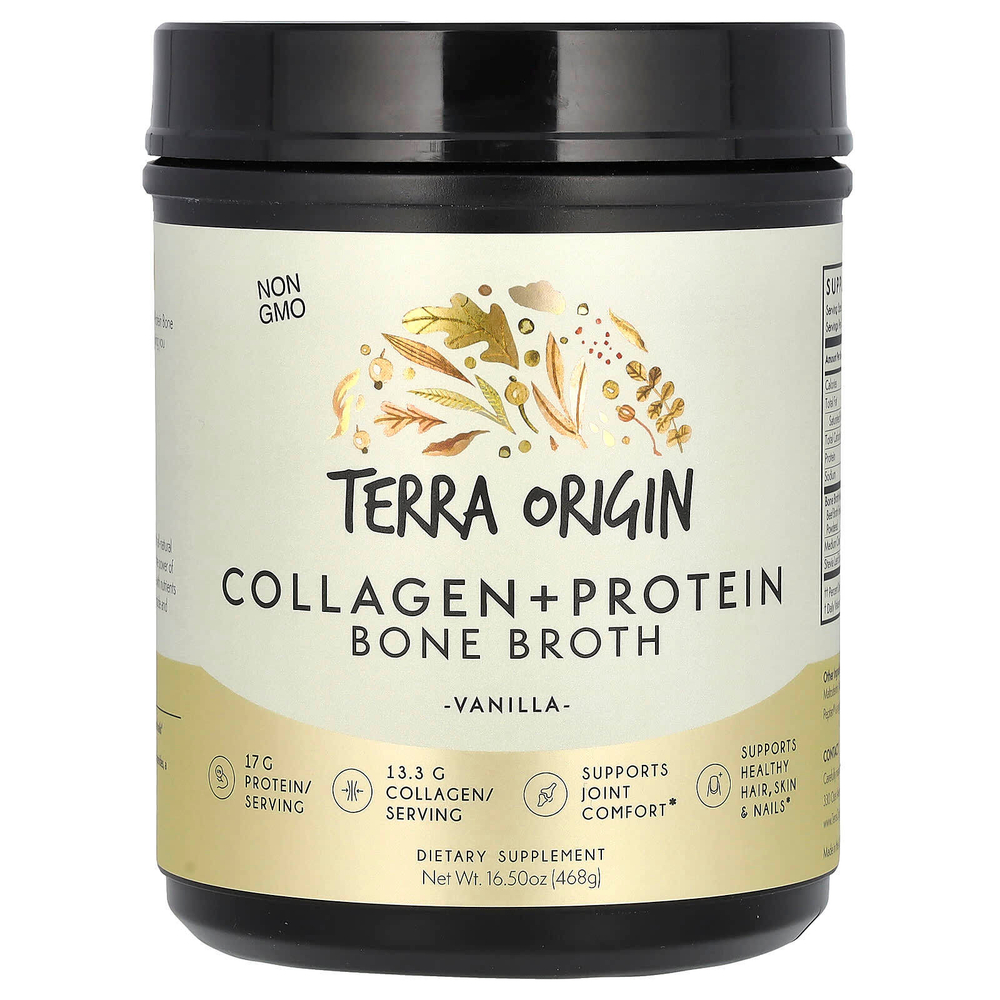 Terra Origin, Костный бульон с коллагеном и белком, ваниль, 466 г (16,43 унции)