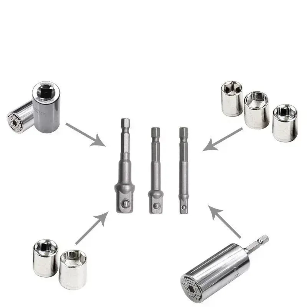 Переходники для шуруповерта под торцевые головки 1/4", 3/8", 1/2"