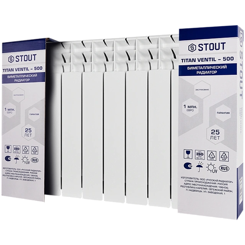 Радиатор биметаллический STOUT TITAN VENTIL 500 - 10 секций (подключение нижнее правое, цвет белый)