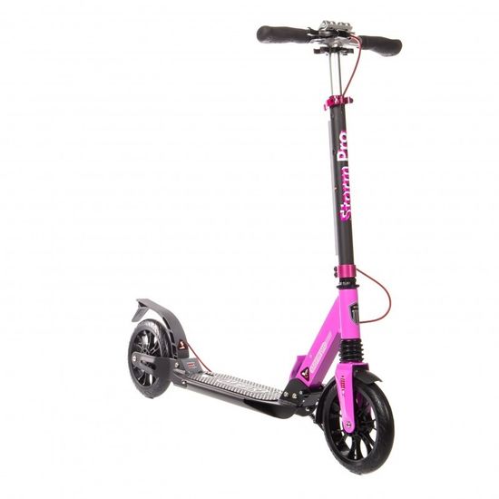 Складной двухколёсный самокат Micar Storm Pro 200 мм с двумя амортизаторами и ручным дисковым тормозом, черно-розовый