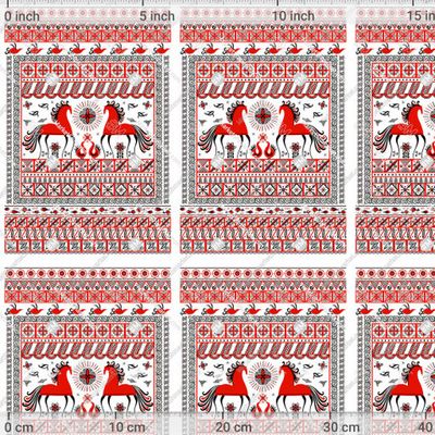Прямоугольный орнамент с лошадьми, птицами, солнцем. Мезенская роспись. (Дизайн для полотенец, салфеток, скатертей).  Irina Skaska by Irina Skaska 698 DPI