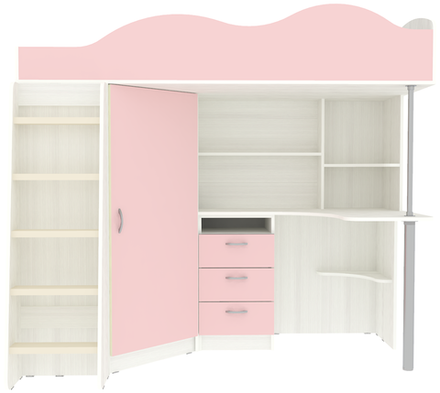 Кровать-чердак КарИВи Пионер с деревянной лестницей Белое Дерево Розовый