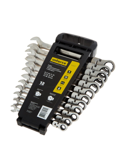 Набор комбинированных шарнирных ключей с трещоткой 12 предметов Inforce, Сталь Cr-V, 8-19мм, 06-05-51