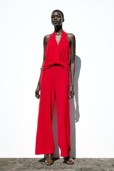ZARA КОМБИНЕЗОН С ГОРЛОВИНОЙ ХАЛТЕР И УЗЛОМ, КРАСНЫЙ
