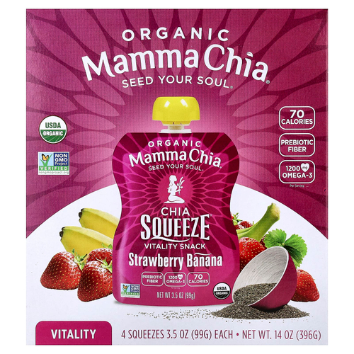 Mamma Chia, органический снек для жизненной силы от Chia Squeeze®, со вкусом клубники и банана, 4 пакетика по 99 г (3,5 унции)
