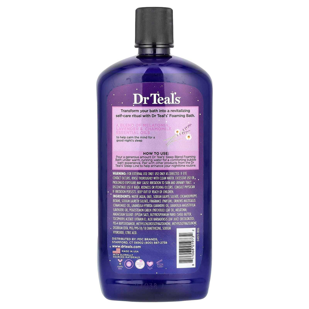 Dr. Teal's, Пенная ванна с чистой английской солью, с мелатонином, лавандой и ромашкой, 100 мл (34 жидк. унц.)