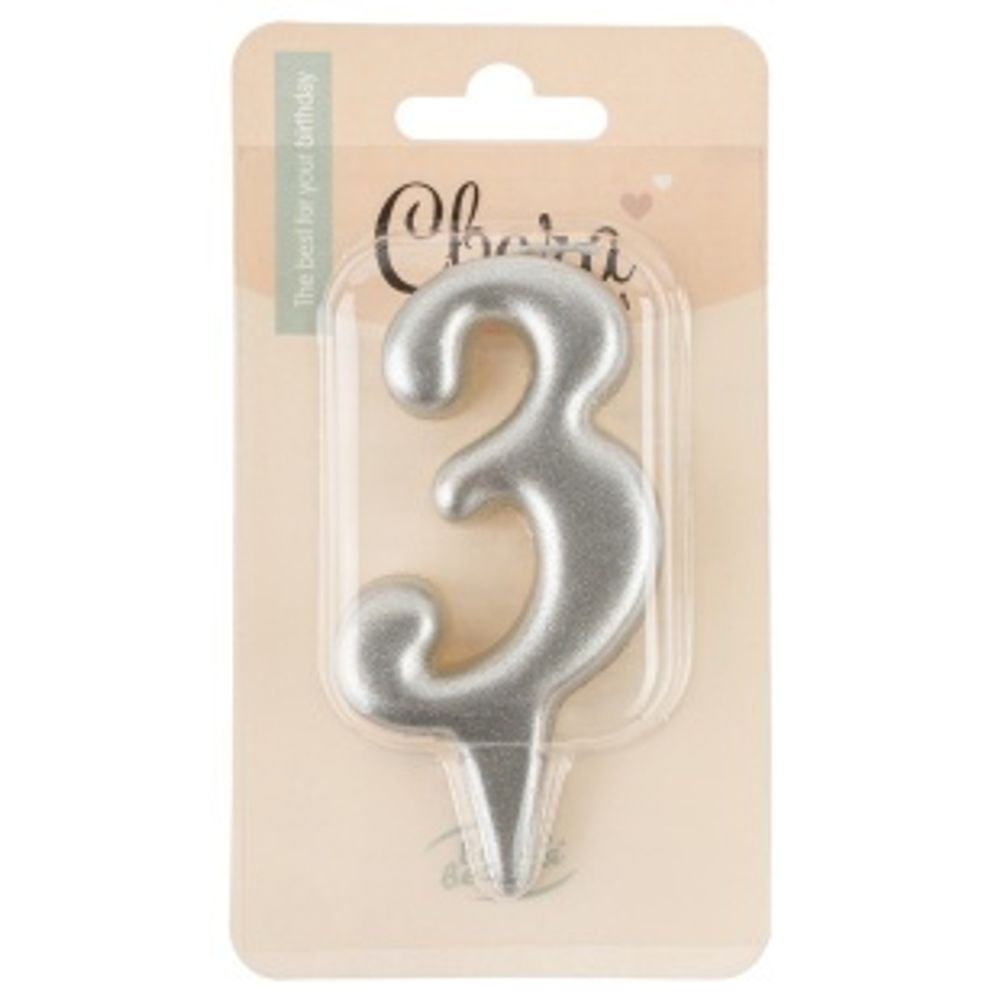 Свеча Цифра, 3 Овал, Серебро, Металлик, 7 см, 1 шт. с держат.