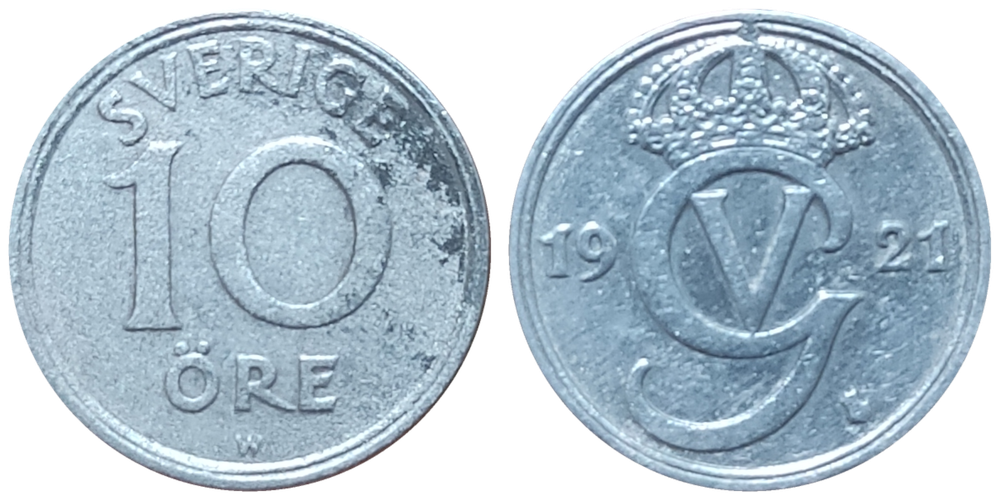 Швеция 10 эре, 1920-1947 Король Густав V VF