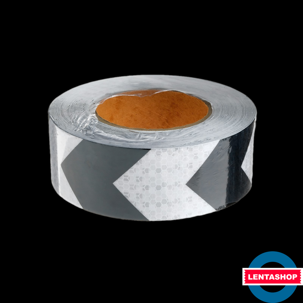 Чёрно-белая светоотражающая лента стрелка 5 см х 25 м