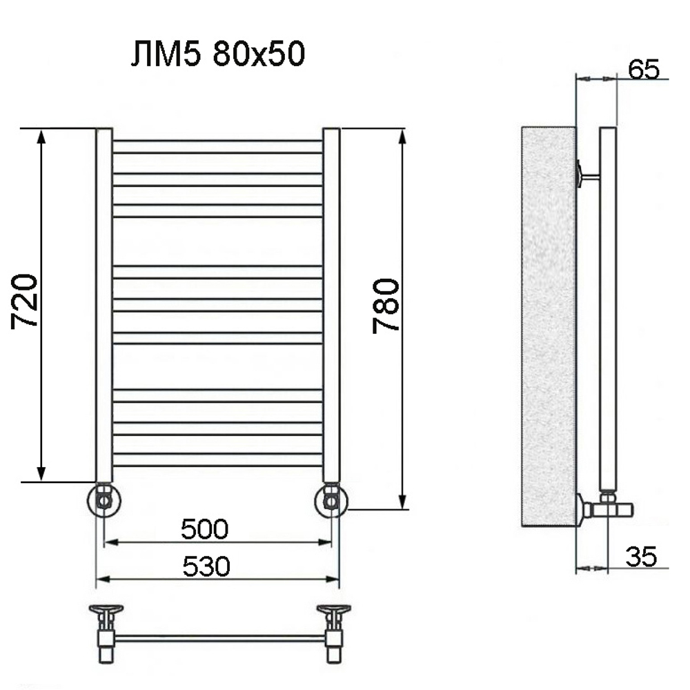 Полотенцесушитель Ника MODERN ЛМ-5 80/50 RAL9005 черный матовый с вентилями (комплект люкс)*