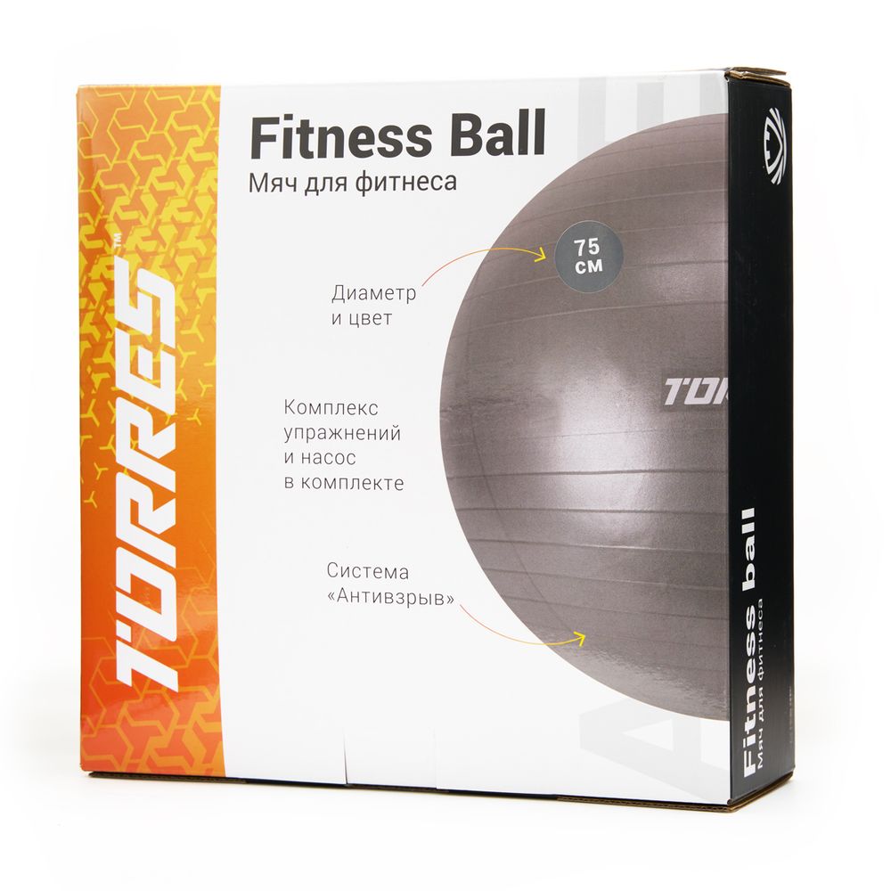 Мяч гимн. TORRES, FB122575, диам. 75 см, эласт. ПВХ, с защ.от взрыва,с насосом, серый