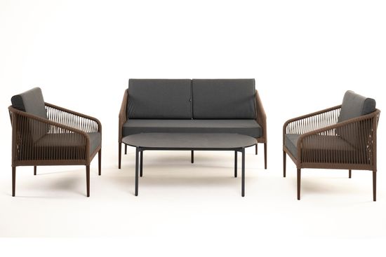 "Канны" лаунж-зона 4-местная из роупа со столом "Верона" (серый гранит), каркас алюминиевый коричневый, роуп коричневый