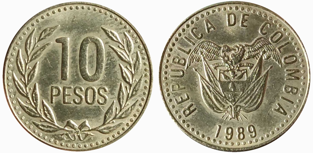 Колумбия 10 песо, 1989 - 1994 Герб XF
