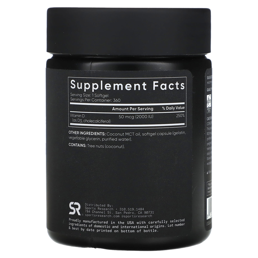 Sports Research, витамин D3, 50 мкг (2000 МЕ), 360 мягких таблеток