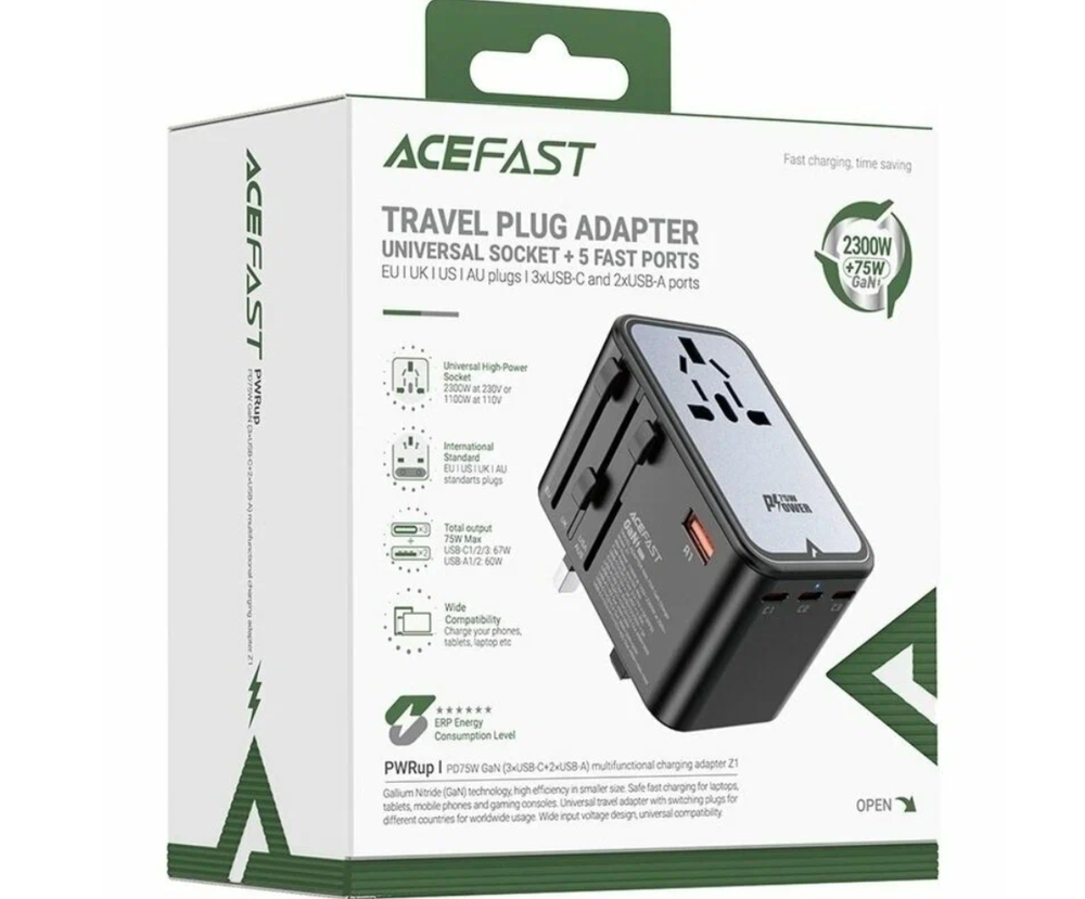 Сетевое зарядное устройство ACEFAST "Z1", многофункциональное, GaN, PD75W