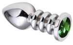 Серебристая анальная пробка на рельефной ножке с зеленым кристаллом - 9 см. (Цвет: зеленый)