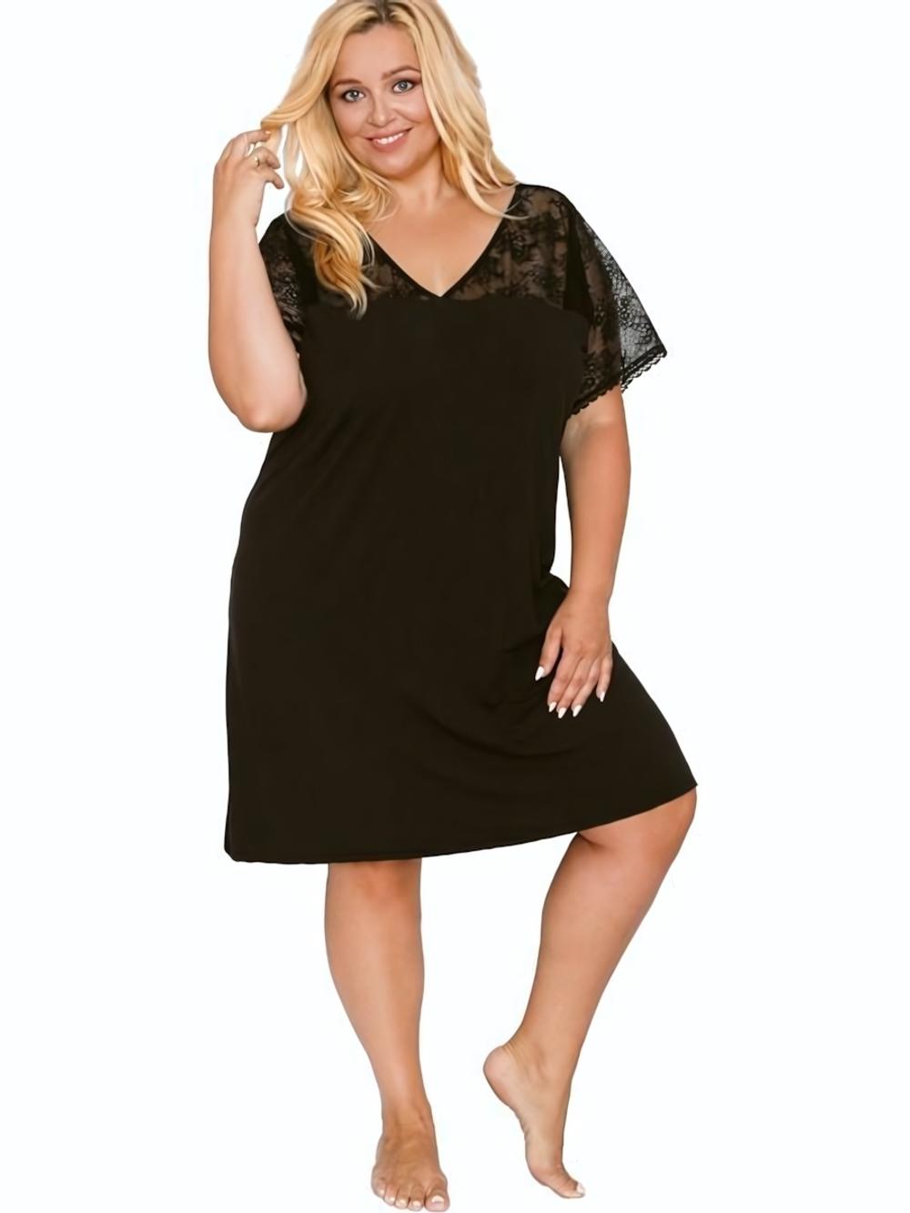 Сорочка с V-образным вырезом и кружевами (Размер: XL) (Цвет: черный)