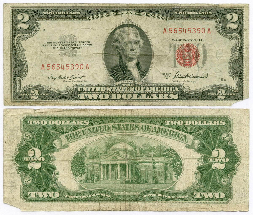 Банкнота США 2 доллара 1953A A 56545390 A. G