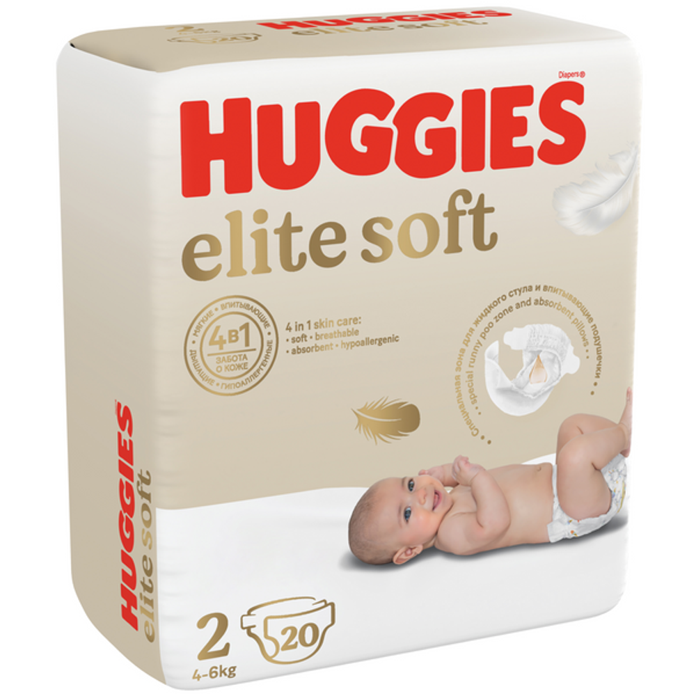 Подгузники Huggies Elite Soft для новорожденных 4-6кг, 2 размер, 20шт