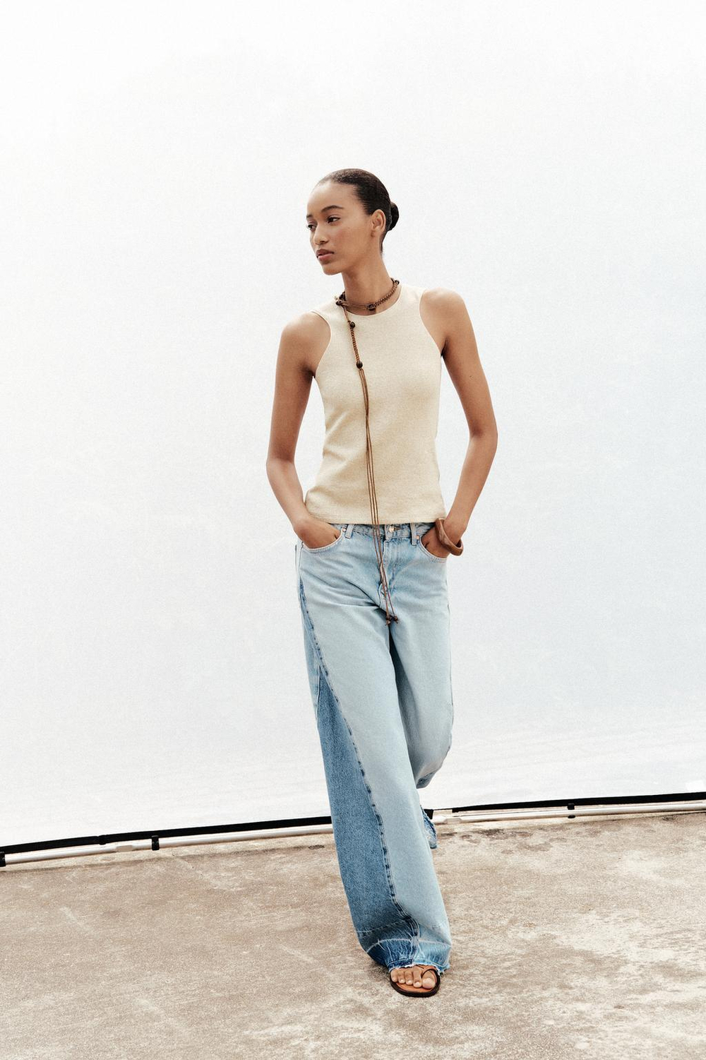 ZARA ТОП ИЗ СМЕСОВОГО ЛЬНА БЕЗ РУКАВОВ, ЭКРЮ