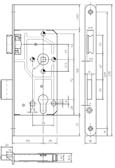 Замок KFV0392.27L  с ригелем и фалевой защелкой под цилиндр, лев., бронза55/72/8  (33309996)