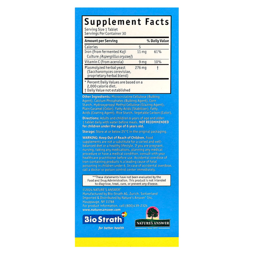 Bio-Strath, Постбиотик из ферментированных травяных дрожжей, с железом из грибов кодзи, 30 таблеток