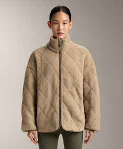 Oysho Стеганая куртка из искусственной овчины в ромбы, бежево-зеленый