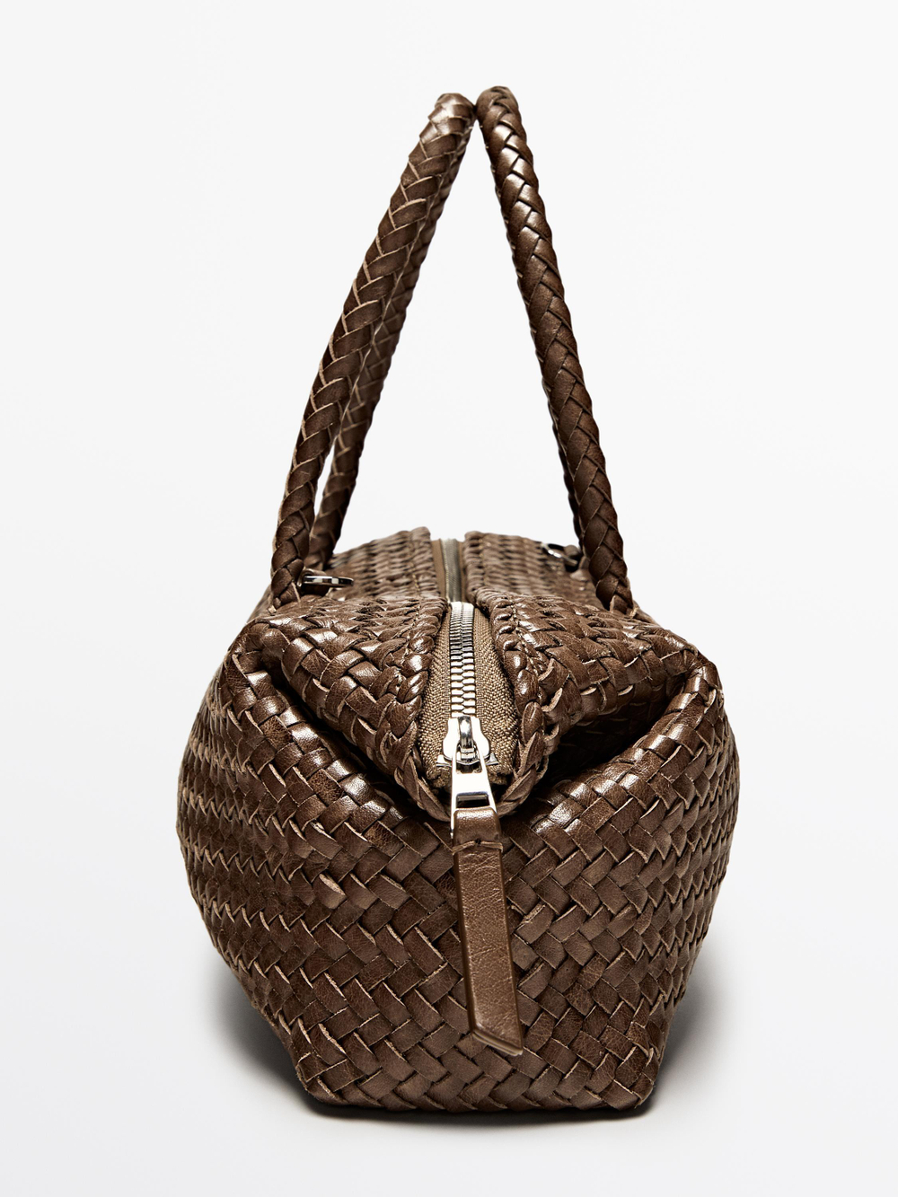Massimo Dutti Маленькая плетеная сумка из кожи наппа, серо-коричневый