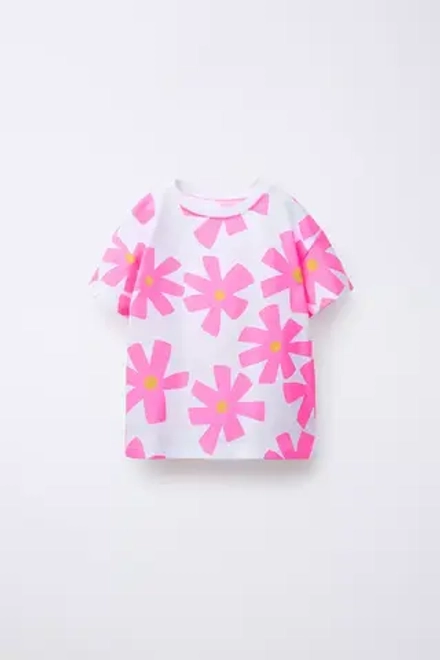 ZARA ФУТБОЛКА ИЗ ТКАНИ С ПРИНТОМ, РОЗОВЫЙ