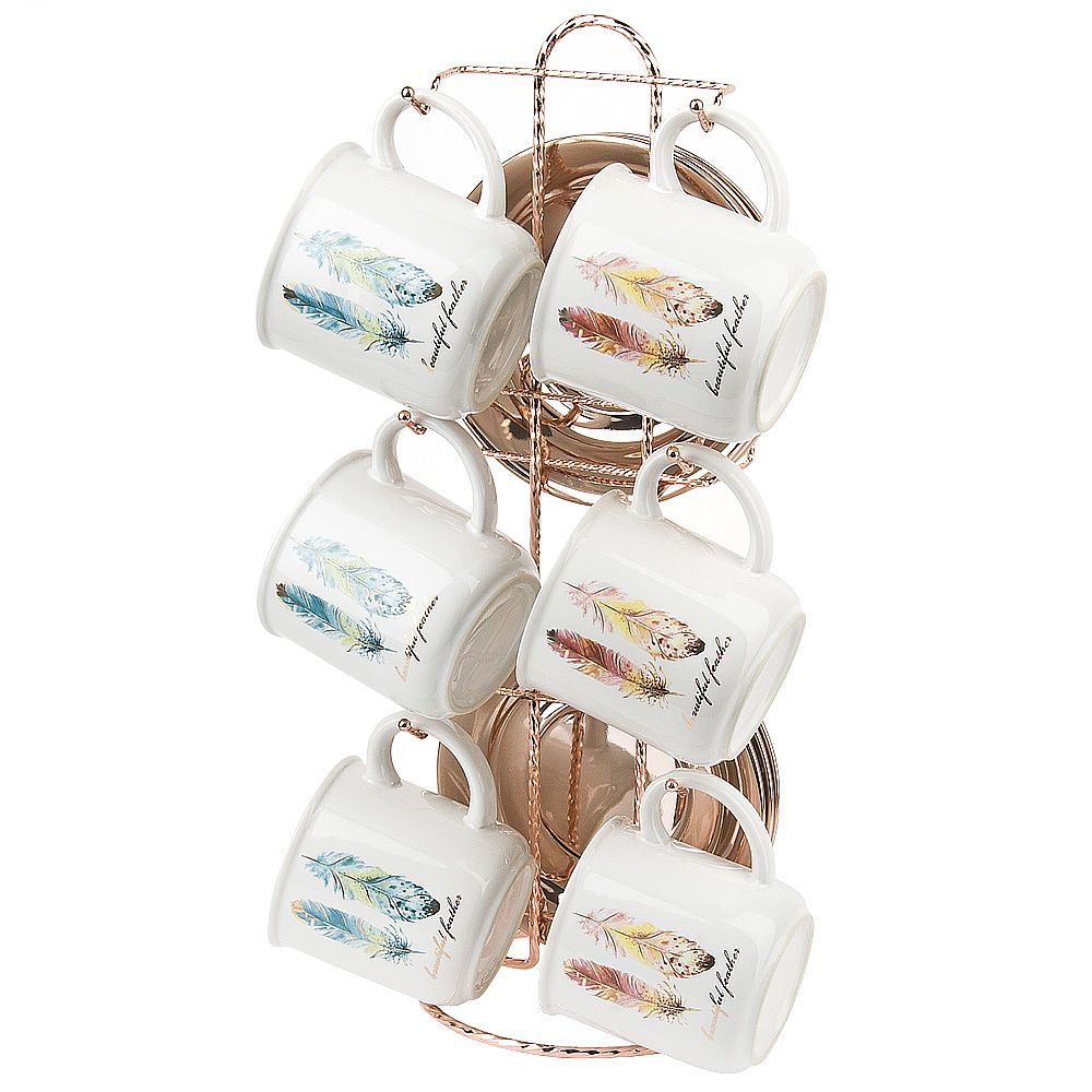 Чайный сервиз 12пр. "Перья" (6 персон) на металлической подставке v=250мл. (керамика)