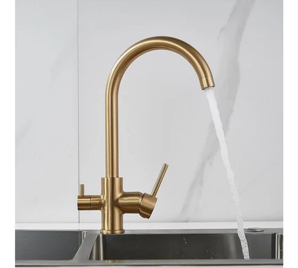 Смеситель для кухни с подключением фильтра питьевой воды, золотой сатин, Shevanik S128G