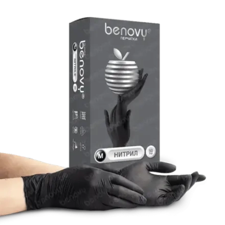 M211K3 Перчатки BENOVY медицинские диагностические (смотровые) одноразовые нестерильные нитриловые, чёрные, M, 50 пар/уп