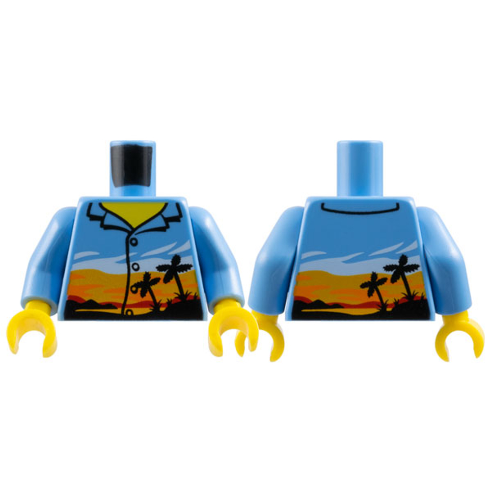 Рубашка на пуговицах с изображением торса и тропического заката с ярко-оранжевым небом и черными пальмами, Желтым рисунком на шее / Светло-голубыми руками / Желтыми кистями рук 973pb3168c01