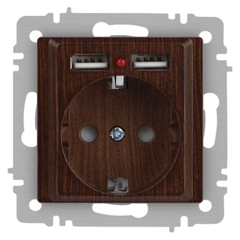 Розетка Intro Accent 6-410-10 , P+E Schuko со шторками, 16А-250В + 2хUSB, IP20, СУ, венге