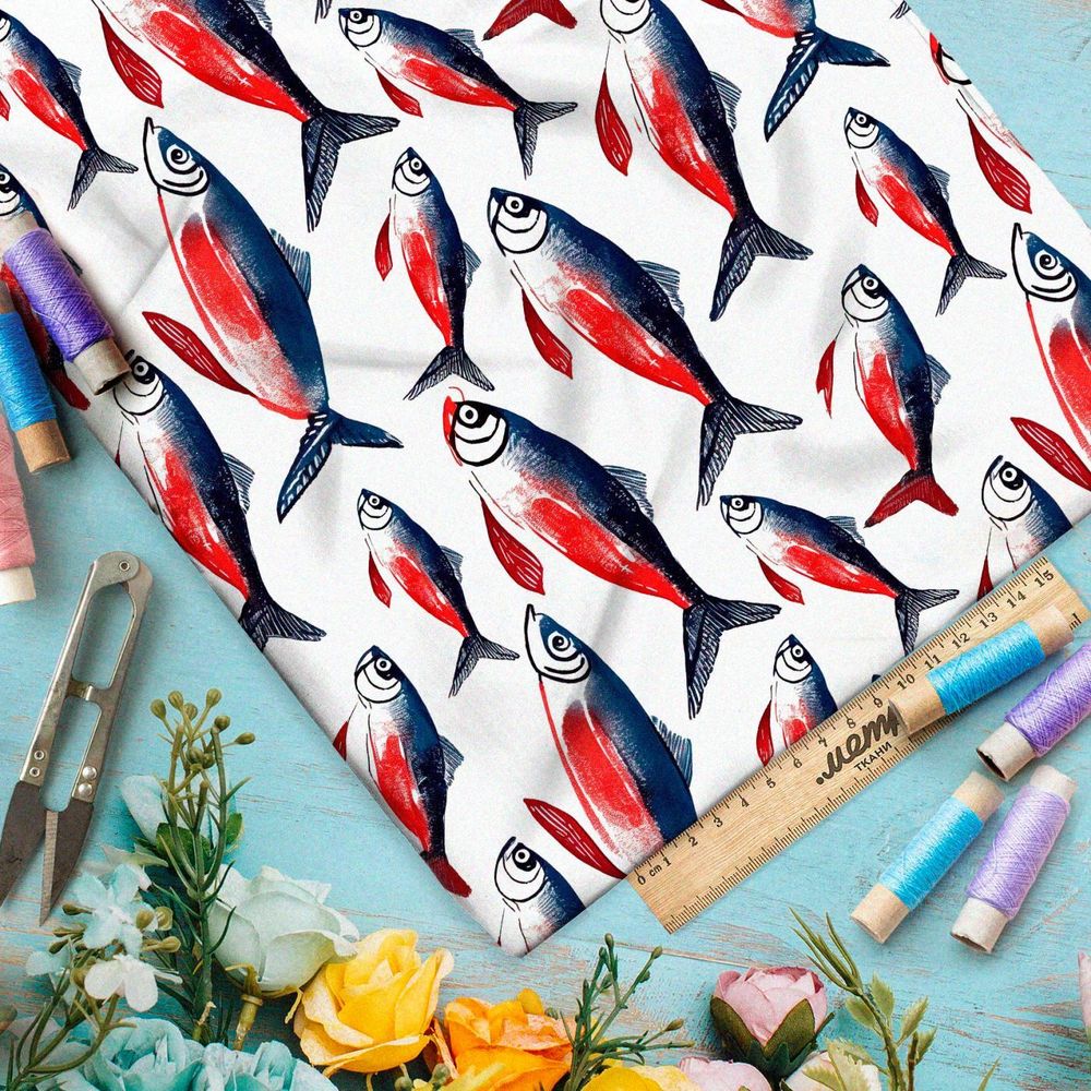 Ткань премиум сатин океанские рыбы