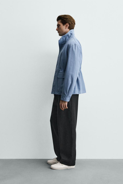 ZARA КУРТКА REGULAR FIT ИЗ ВЫСТИРАННОГО ХЛОПКА, ГОЛУБОЙ