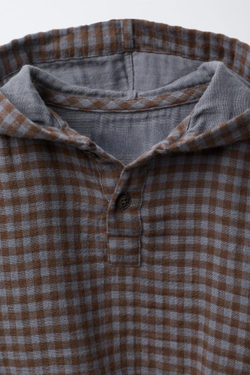 ZARA КУРТКА-РУБАШКА В КЛЕТКУ С КАПЮШОНОМ, КОРИЧНЕВЫЙ