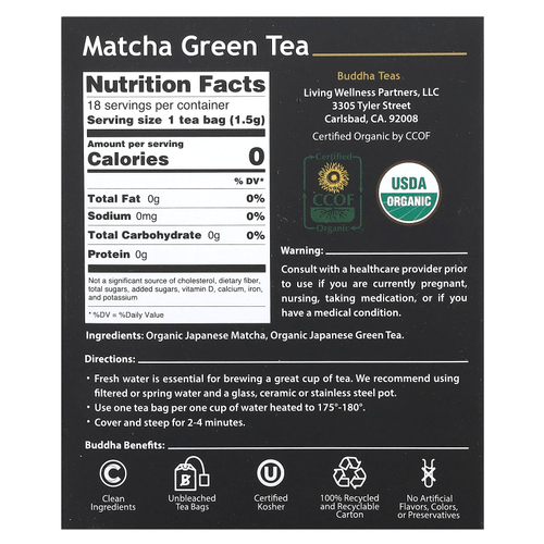 Buddha Teas, органический чай, зеленый матча, 18 чайных пакетиков, 27 г (0,96 унции)