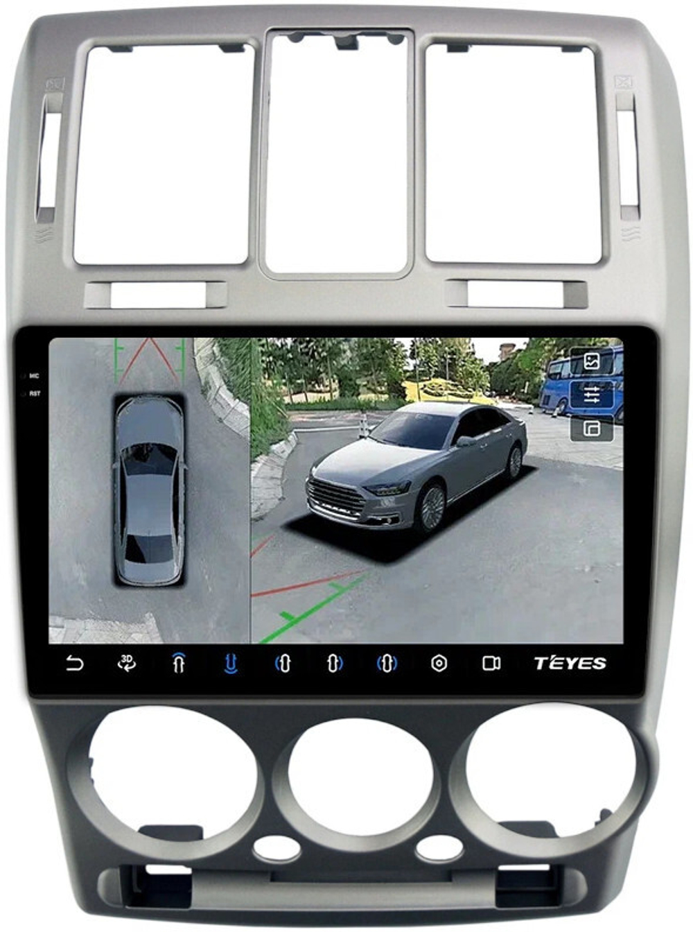 Магнитола для Hyundai Getz 2002-2011 (рамка серебро) - Teyes CC3-2K-360 на Android 10, 2K QLED, 6Гб+128Гб, CarPlay, 4G SIM-слот, 4 камеры в комплекте