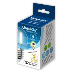 LED-G45-6W-NW-E27-CL GLA01TR Лампа светодиодная. Форма шар. прозрачная. Серия Air. Белый свет 4000K. Картон. ТМ Uniel