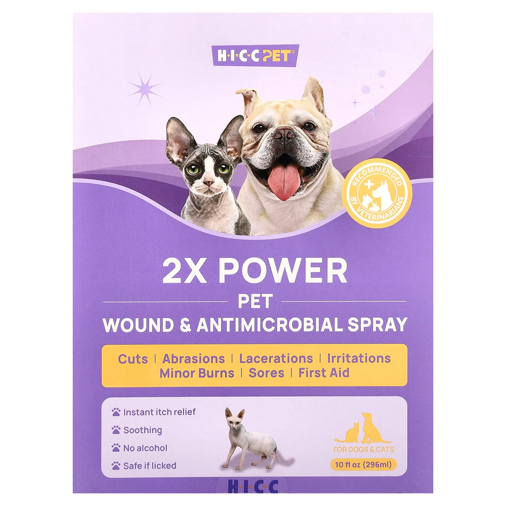 HICC Pet, 2X Power Pet против ран и противомикробный спрей, для собак и кошек, 296 мл (10 жидк. унций)