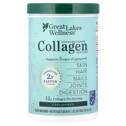 Great Lakes Wellness, экологичные пептиды морского коллагена, без вкусовых добавок, 454 г (16 унций)