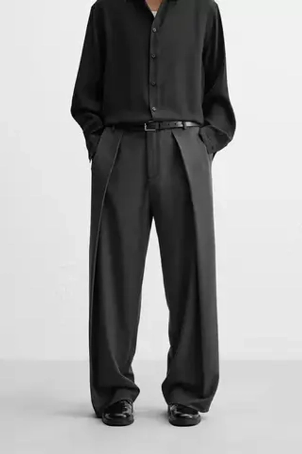 ZARA БРЮКИ WIDE-LEG СО СКЛАДКАМИ, СЕРЫЙ