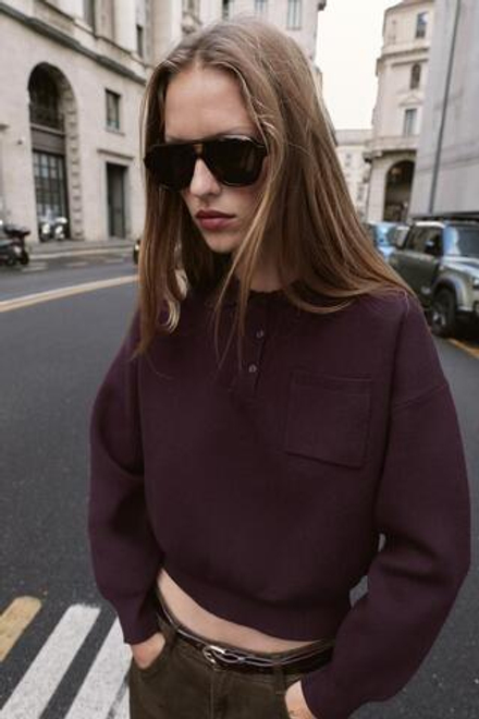 ZARA СВИТЕР С ВОРОТНИКОМ ПОЛО И КАРМАНОМ, БОРДОВЫЙ