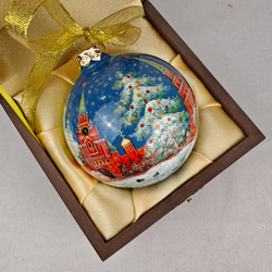Шар новогодний с круговой росписью Палех "Кремлевская елка" -2 в футляре