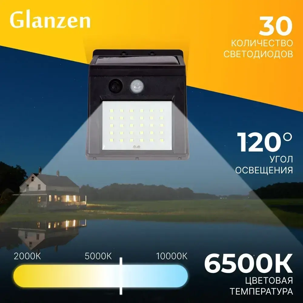 Светодиодный уличный прожектор на солнечных батареях и датчиком движения GLANZEN FAD-0003-4-solar
