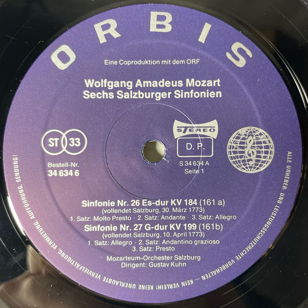 Винтажная виниловая пластинка LP W.A. Mozart В. А. Моцарт, Gustav Kuhn Sechs Salzburger Sinfonien KV 183, 184, 199, 200, 201, 202 (Германия 1979)